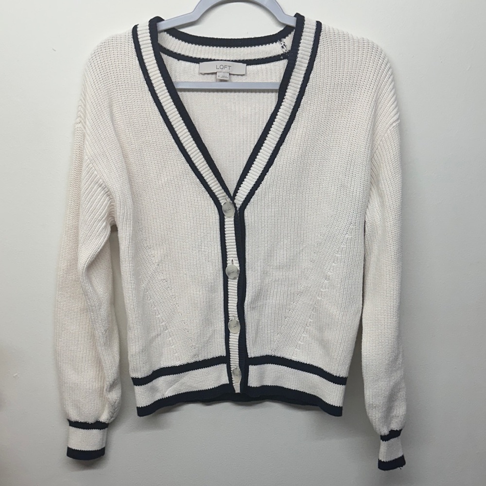 LOFT Women's White Cardigan with Navy blue trims. Size M